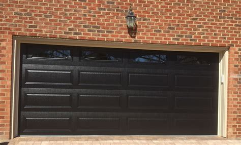 16x7 Model 4216 Raised Long Panel Steel Garage Door Black With Top Glass And Sunburst Inserts