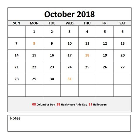 October 2018 Holidays Calendar Holiday Templates Free Printable