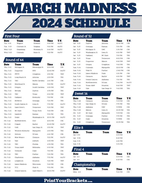 March Madness Schedule 2024 Printable Babs Marian