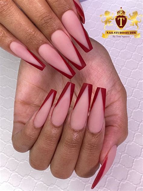 cute v french tip coffin nails consist of matte v french tip red nails set frenchnail