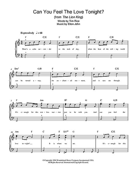 Can You Feel The Love Tonight From The Lion King Sheet Music By Elton