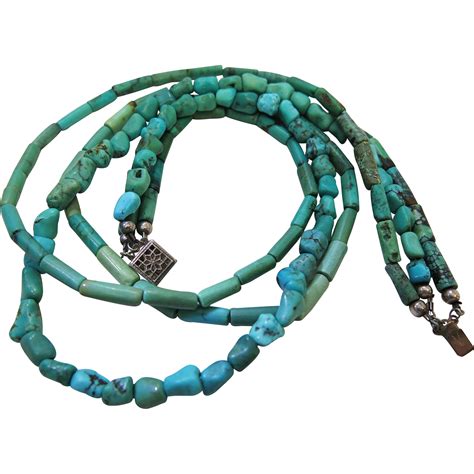 Vintage Navajo Three Strand Turquoise Cylinder And Nugget Necklace With