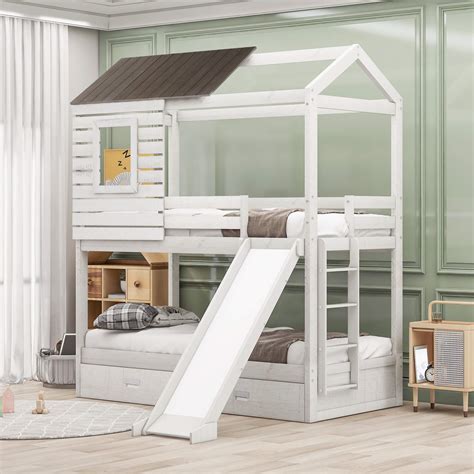 Buy Merax House Shaped Solid Wood Bunk Bed With Roof Window Guardrail