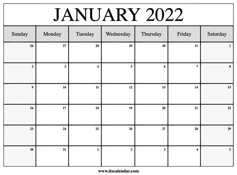 Free Printable January 2022 Calendar