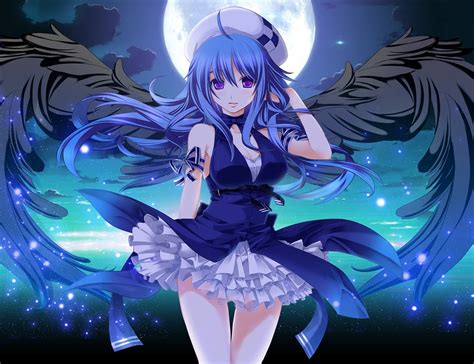Wings Night Moon Blue Hair Pangya Hats Anime Girls Hd Wall