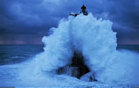 Stormy Sea Splashing Over Lighthouse Image Abyss