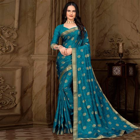 Teal Blue Woven Vichitra Silk Saree