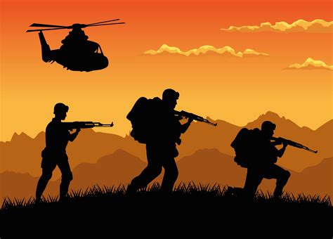 Military Soldiers With Guns And Helicopter Silhouettes Sunset Scene 2526372 Vector Art At Vecteezy