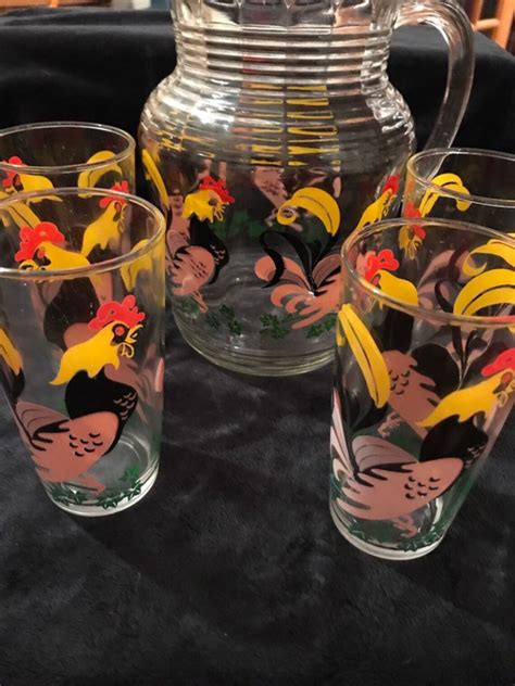 Hazel Atlas Rooster Glass Pitcher Four Matching Glasses Etsy