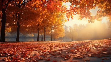 Premium Ai Image Beautiful Autumn Landscape With Yellow Trees And Sun