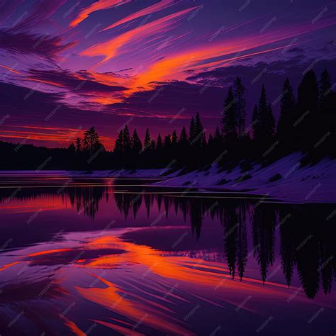 Premium Ai Image Purple And Orange Sunset Over A Lake With Trees And Snow