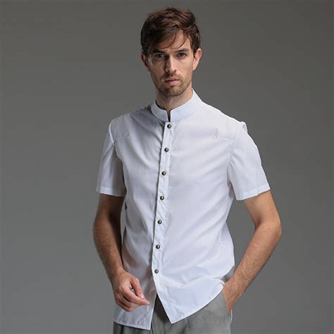 Mandarin Collar Short Sleeve Cotton Shirt White Chinese Shirts