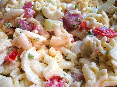 Ingredients · 4 cups uncooked elbow macaroni · 1 cup mayonnaise · ¼ cup distilled white vinegar · ⅔ cup white sugar · 2 ½ tablespoons prepared yellow mustard · 1 ½ . Ham and Cheese Macaroni Salad Recipe | Just A Pinch Recipes