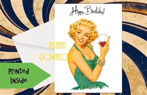 Printable Rétro Pinup Style Birthday Card Wine Fun Carte De Etsy France