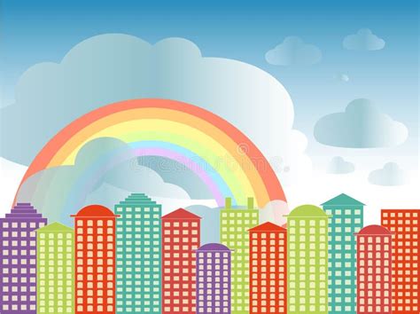 City Series Background Colorful Buildings Blue Cloudy Sky Rainbow