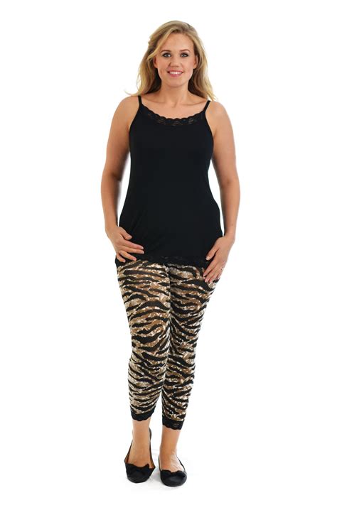 Womens Leggings Plus Size Ladies Cropped Tiger Lace Trim