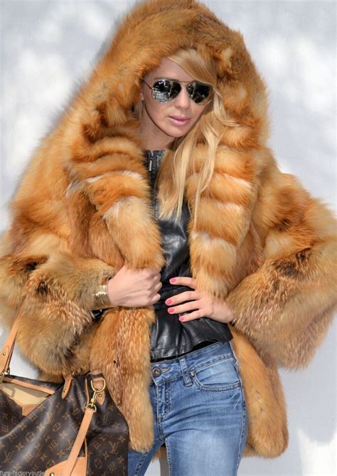 Women Full Pelt Natural Real Red Fox Fur Coat Hooded Jacket Winter Warm