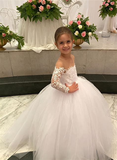 a line illusion neck long sleeves sweep train tulle flower girl dresses with appliques lace