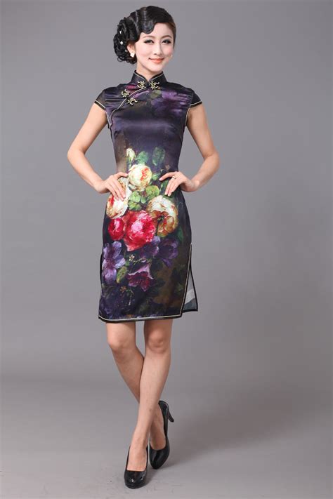 Glamorous Peony Flowers Silk Cheongsam Qipao Cheongsam Dresses Women