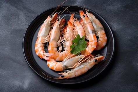 Fresh Tiger Shrimp Prawns Ready To Be Cooked And Served On Plate Stock