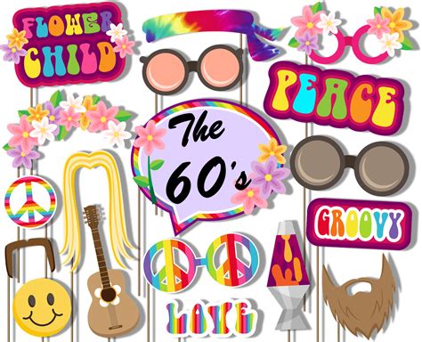 60s Hippie Decade Photo Booth Props 20pcs Assembled