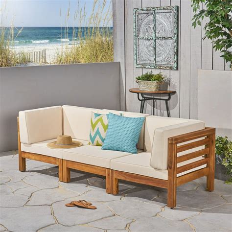 Frankie Outdoor Acacia Wood Sectional Sofa With Cushions Teak Beige