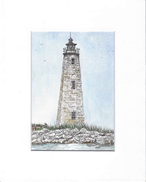 Original 5 X 7 Ink And Watercolor New Point Comfort Lighthouse Painting Floral Painting Floral
