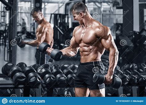 Muscular Man Working Out In Gym Strong Male Naked Torso Abs Stock