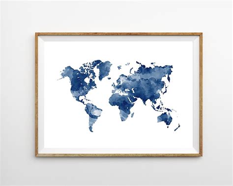 Navy Blue World Map Print Watercolor Print Printable Map Boy Nursery