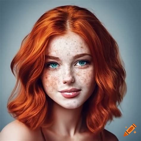 Portrait Of A Beautiful Redhead Woman With Freckles And A Smile