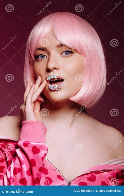 Glamorous Portrait Of A Young Woman With Pink Hair And Glitter On Her Lips Stock Image Image