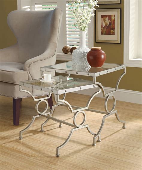 Monarch Glass Top Nesting Endside Accent Tables With Decorative Metal