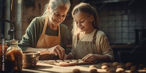 Grandmother And Granddaughter Helping Each Other To Cook In The Kitchen Happily They Are