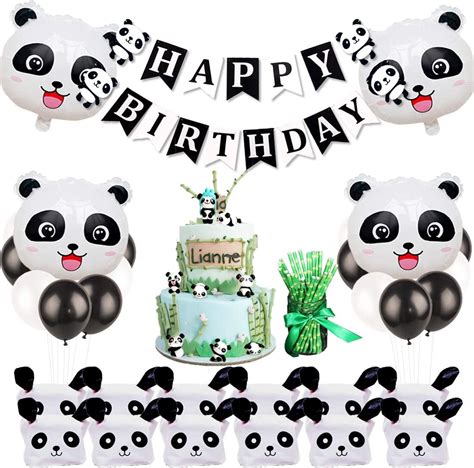 Panda Party Decorations With Panda Cake Figurine Bamboo Straws Party