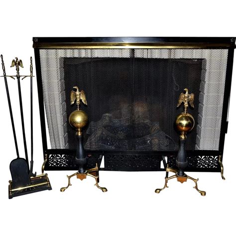 Vintage Fireplace Set Screen Andirons Tools Eagle Top In 2019 Vintage