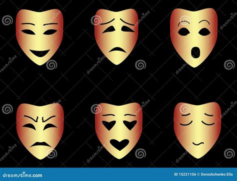 Golden Theater Masks With Different Facial Expressions And Emotions On