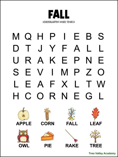 Kindergarten Fall Word Search In 2023 Fall Kindergarten Fall Words