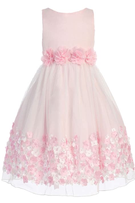 Light Pink Satin And Tulle Overlay Dress With Dimensional Taffeta Flowers