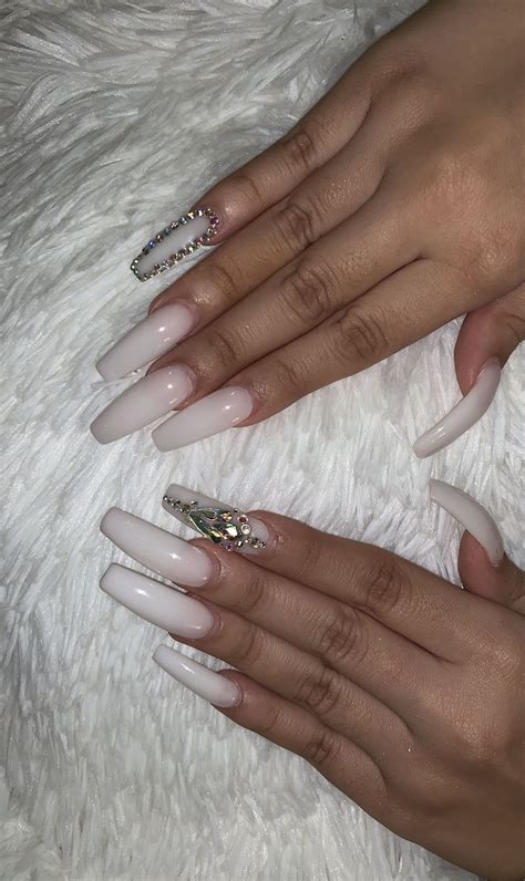 Soft White Long Acrylic Nails Coffin Shape With Gems Acrylicnailsshort