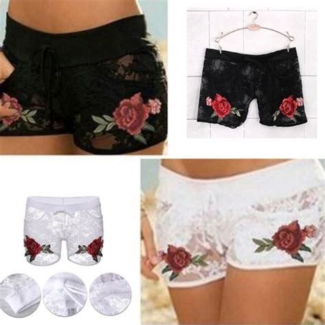 Shorts Woman Sexy Lace Mesh See Through Short Pants Rose Embroidered