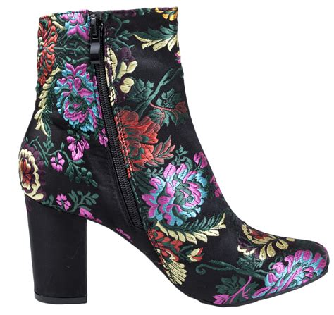 Womens Block Heel Ankle Boots Floral Oriental Shoes Satin Embroidered