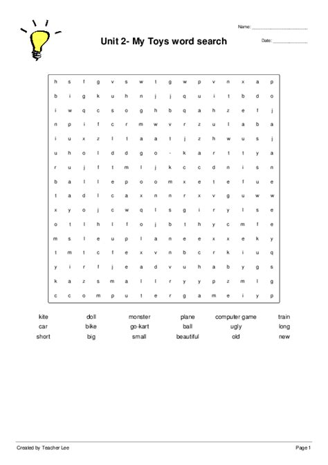 Unit 2 My Toys Word Search Wordsearch Quickworksheets