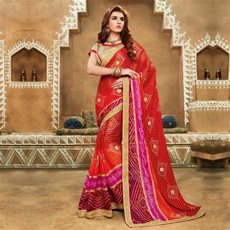 Buy Multi Color Festive Wear Bandhej Saree Online India Best Prices Reviews Peachmode