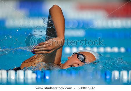 Picture Of A Female A Woman Swimmer Swimming Freestyle In The Lanes
