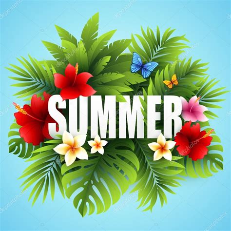 Summer tropical background of palm leaves and tropical flowers. Tropical palm leaves. Tropical ...