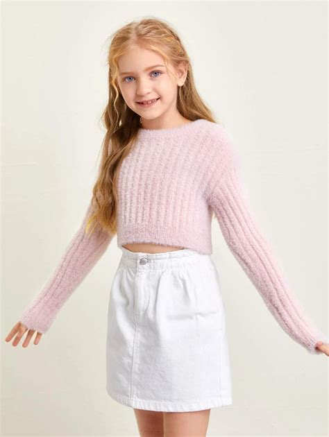 girls fluffy knit crop sweater shein usa girls fashion clothes girly outfits cute little