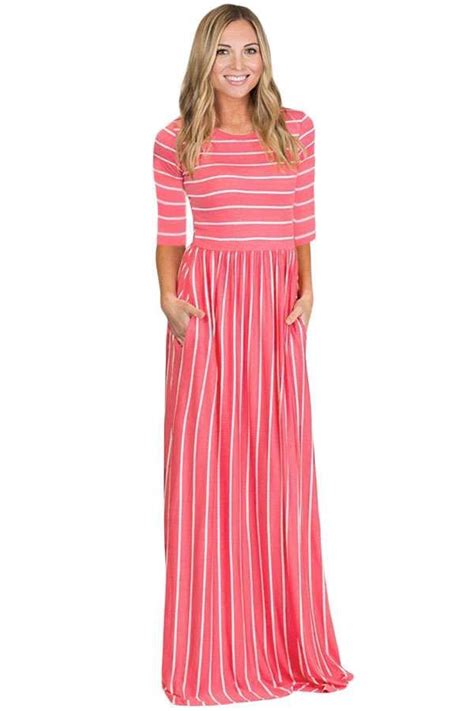 Rosy White Striped Casual Pocket Style Maxi Dress Striped Maxi Dresses