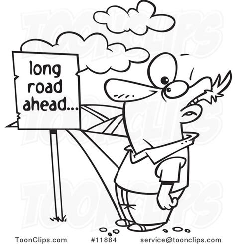Cartoon Outlined Guy Facing A Long Road Ahead Sign And A Hilly Path