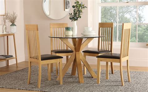 Hatton Round Oak And Glass Dining Table With 4 Oxford Chairs Brown Leather Seat Pad