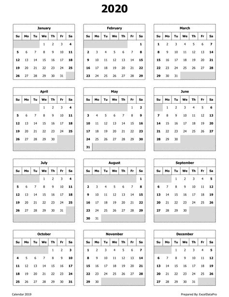 Template Excel 2020 Printable Yearly Calendar
